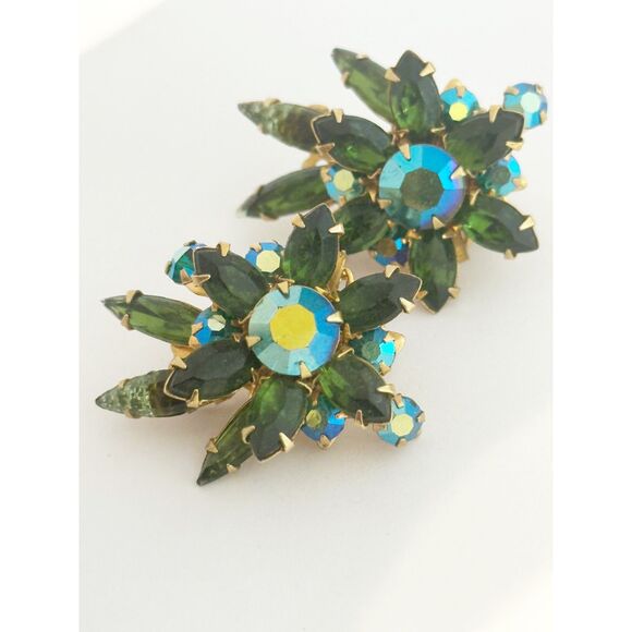 Vintage BeauJewels Rhinestone Clip On Earrings Aurora Borealis Green Marquise - Picture 1 of 5